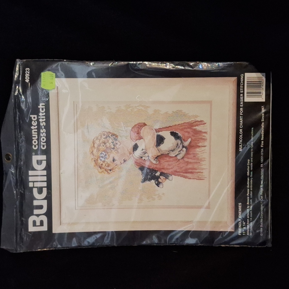 Vintage Unopened Bucilla Cross Stich Cute Kitten Puppy Young Girl circa 1995
